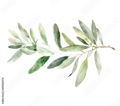 Delicate watercolor illustration of a green olive branch with lush leaves on a white background
