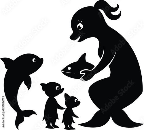 Black Silhouette Mermaid Family with Fish on White Keywords: mermaid, mythical creature, fantasy, family