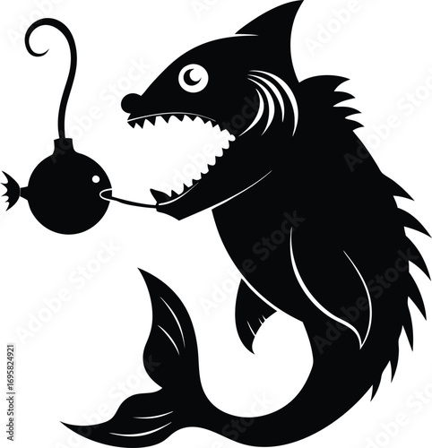 Black Silhouette of a Cartoon Anglerfish with a Lure and Small Fish deep sea ocean