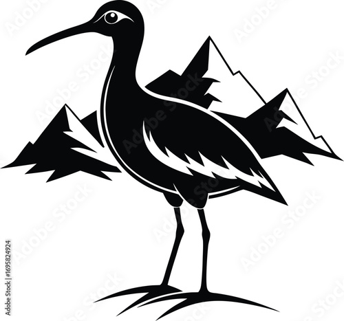 Black silhouette of a bird with a long beak standing before mountains black and white