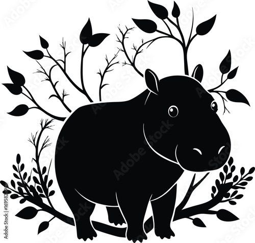 Black silhouette of a cartoon hippo standing among stylized branches and leaves hippopotamus