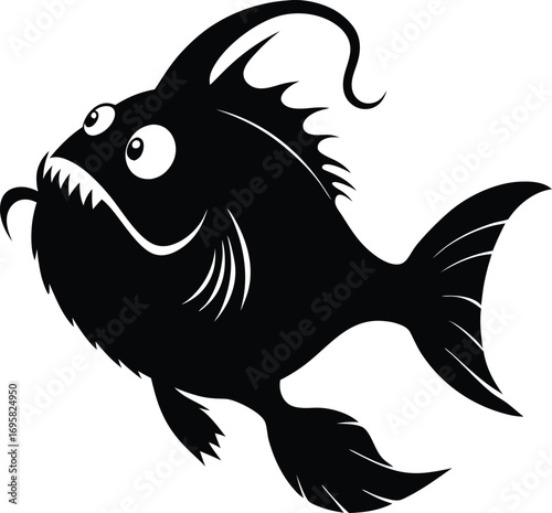 Black silhouette of a cartoon piranha fish with sharp teeth and big eyes white background