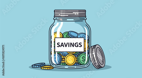 Glass jar filled with coins and labeled 'SAVINGS', representing financial growth and security.