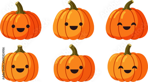 Six cheerful cartoon pumpkins with happy faces, perfect for Halloween decorations and autumn themes.