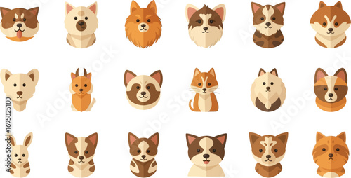 A charming collection of diverse dog breeds in a flat illustration style