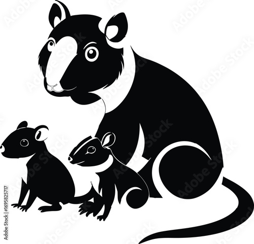 Black silhouette of a mother hamster with two babies on a white background family