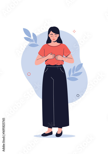 A young woman holding her stomach experiencing abdominal discomfort or pain