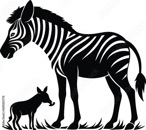 Black silhouette of a mother zebra and foal standing in grass on a white background