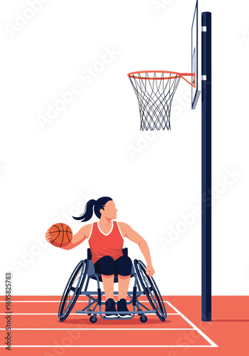 Young woman in a wheelchair playing basketball on an outdoor court aiming for the hoop during a game