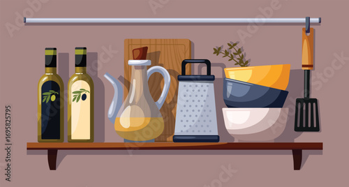 Wooden shelves display assorted ceramic and wooden kitchenware. Grater, jug with olive oil, cutting board and plates on wooden shelf. Vector