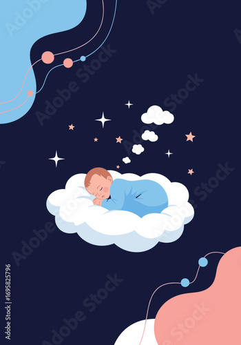 A tiny human dreaming sweet dreams on a cloud under the night sky
