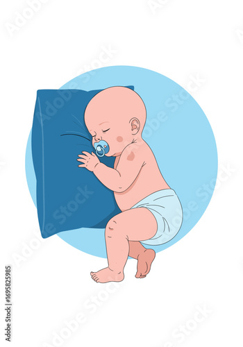 A peaceful sleeping infant nestled soundly on a soft blue pillow with a pacifier in its mouth