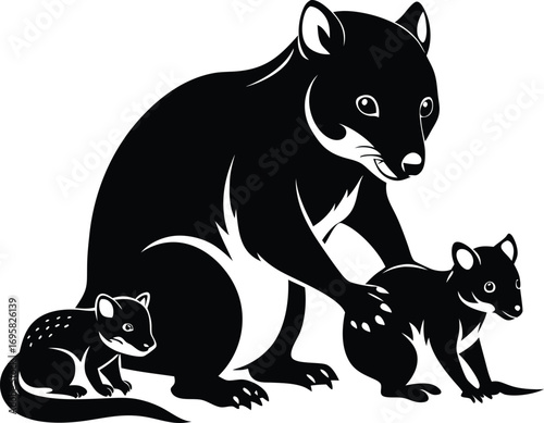 Black silhouette of a Tasmanian devil mother with two joeys on white background marsupial