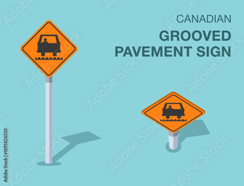 Traffic regulation rules. Isolated canadian "grooved pavement" road sign. Front and top view. Flat vector illustration template.