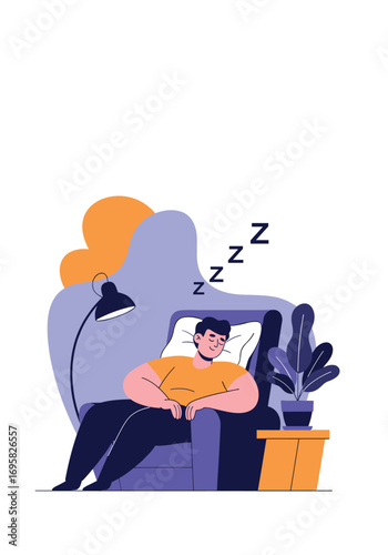 Relaxing young man takes a peaceful nap on a comfortable armchair with a lamp and plant nearby