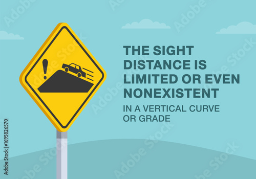 Safe driving tips and traffic regulation rules. Close-up of canadian "restricted visibility" sign meaning. The sight distance is limited or nonexistent. Flat vector illustration template.