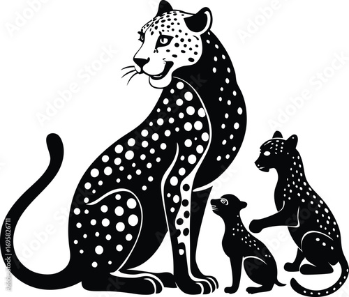 Cheetah family with spotted mother and cubs on white background Keywords: cheetah, big cat, feline, animal