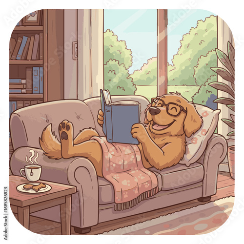 a happy dog character which is chilled and relax reading