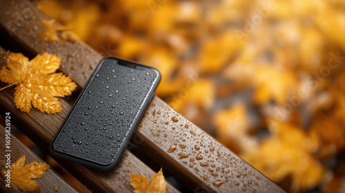 Modern smartphone with waterproof design resting on wet wooden bench surrounded by autumn leaves creating cozy outdoor scene