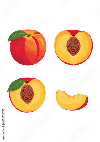 Juicy ripe peaches whole halved sliced with stone and leaf delicious healthy summer fruit