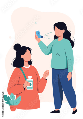 Illustration showing a person using an inhaler to help another person with their breathing difficulties