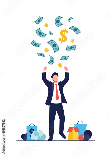 Man celebrating financial success and abundance with money raining down