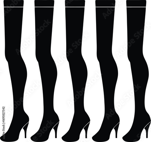 Five Black Silhouettes of Women's Stockings and High Heel Shoes hosiery female