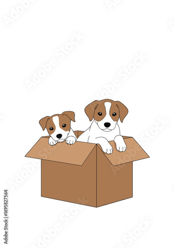 Two adorable puppies peeking out of a cardboard box having fun together