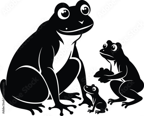 Frog family with large parent and two young on white background Keywords: frog, amphibian, animal, family