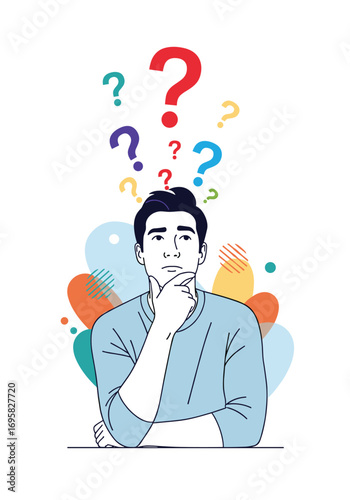 Puzzled man with question marks floating above his head illustrating confusion and uncertainty about a dilemma
