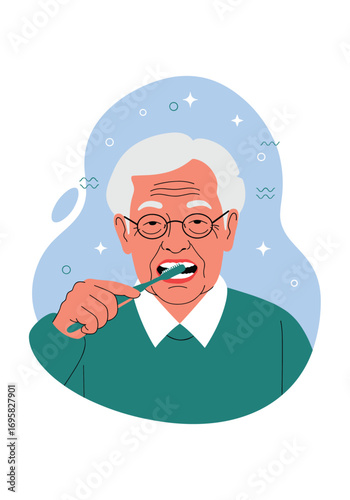 Elderly man brushing his teeth with a toothbrush maintaining oral hygiene and a healthy smile