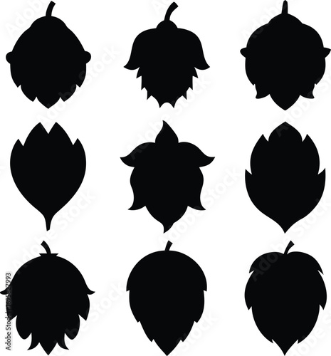 Nine black silhouette hop cones in a grid pattern on a white background hops plant