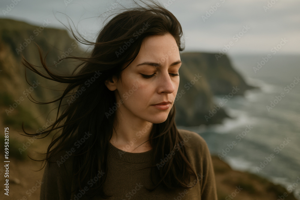 Fototapeta premium Peaceful young woman with closed eyes standing on windy coastal cliff, serene natural landscape in background