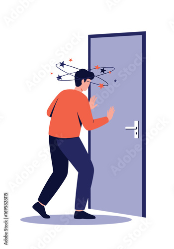 Man stumbles near open door experiencing dizziness and disorientation caused by inner ear problems or migraine attack symptoms