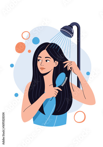 Woman washing long black hair under a shower spray and brushing it clean