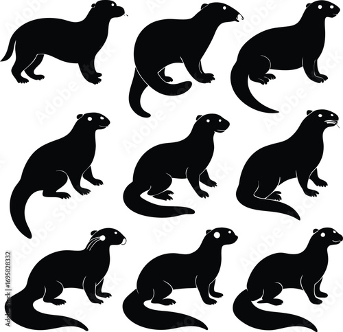 Nine Black Silhouette Otters In Various Poses On White Background animal animals