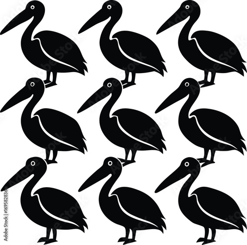 Nine Black Silhouette Pelicans Standing on White Background bird animal