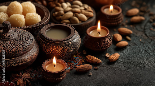 Diwali symbol concepts with light drop splash isolated on dark background, Greeting card for Happy Diwali Festival of light with clay Diya lamps.