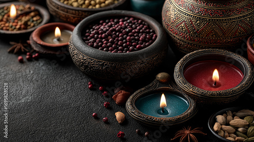 Diwali symbol concepts with light drop splash isolated on dark background, Greeting card for Happy Diwali Festival of light with clay Diya lamps.