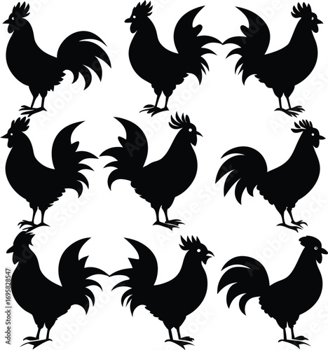 Nine Black Silhouettes Of Roosters On White Background vector illustration
