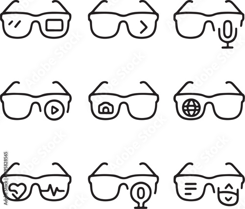 Futuristic smart glasses icons showcase digital life, health, and communication possibilities