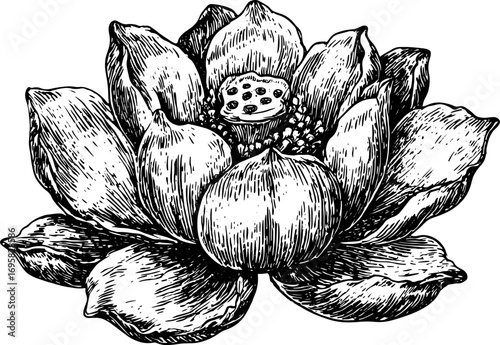Lotus flower in black and white outline. Vintage vector illustration with detailed texture and simple elegant design in set form.