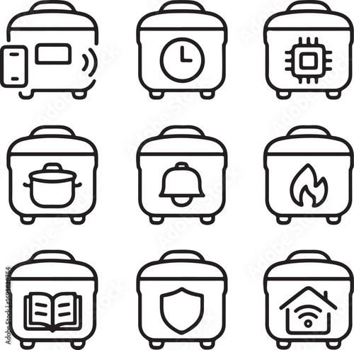Modern kitchen appliance icons showing smart cooker features, cooking, time, safety, and connectivity