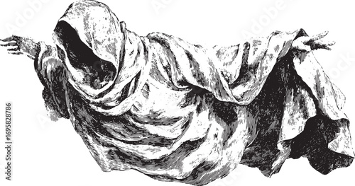 Hooded ghostly figure in flowing robes and shadow. Vintage monochrome engraving style vector illustration with detailed drapery.
