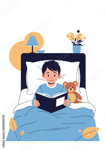 A young boy happily reads a book while tucked into bed with his teddy bear companion nearby
