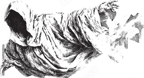 Ghostly hooded figure with flowing robes and outstretched hand in monochrome. Vintage linework vector illustration with detailed drapery and texture.