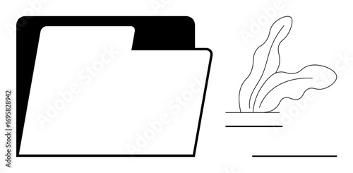 File folder icon paired with abstract plant design, promoting organization, eco-consciousness, creativity, minimal office tools, productivity, document storage, and work-life balance. A simple flat