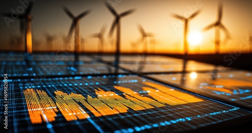 Wind turbines at sunset; data graphs overlaid