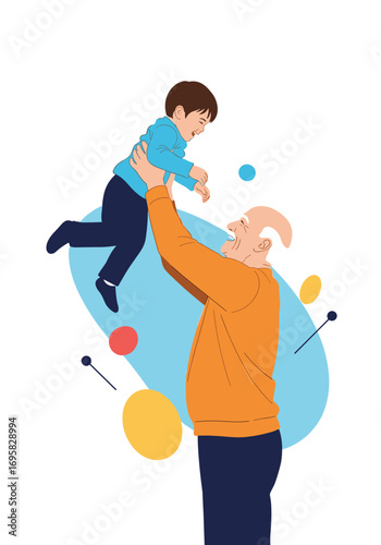 Elderly man joyfully lifts his young grandson into the air surrounded by colorful abstract shapes representing happiness and family bonds