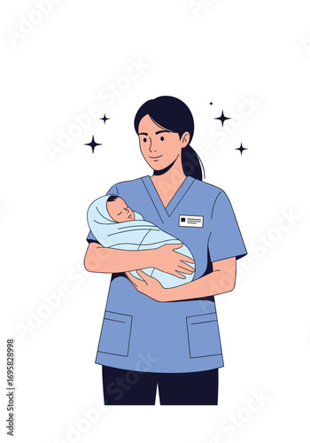 A compassionate nurse cradles a newborn baby with gentle care and kindness